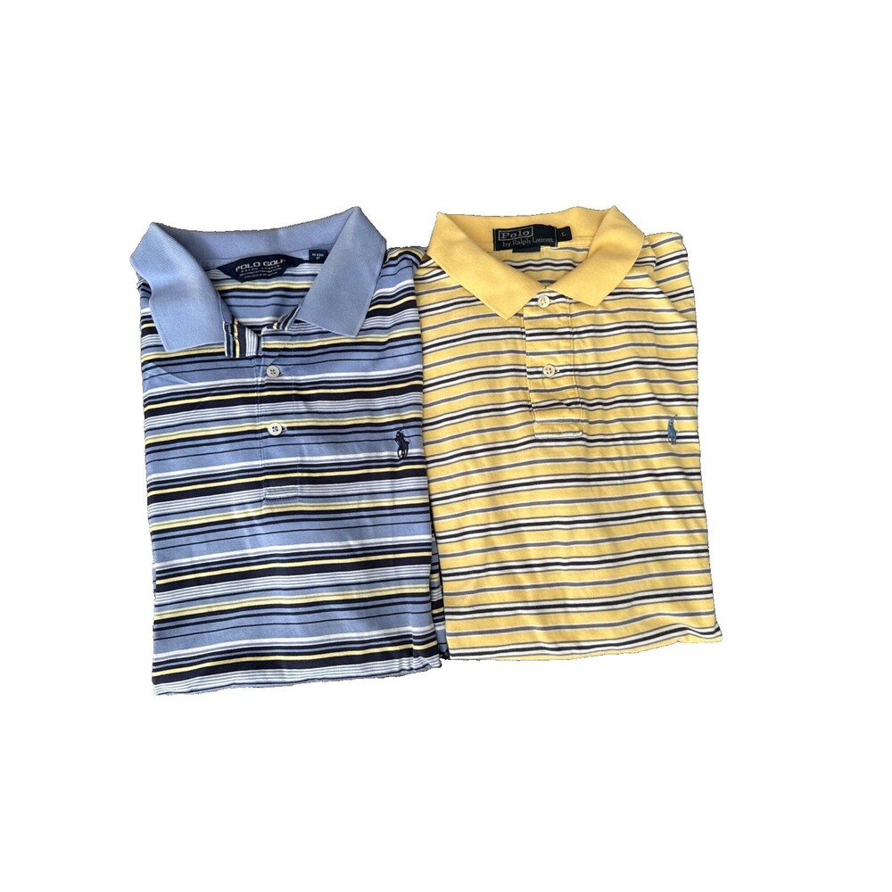 Ralph Lauren Polo Shirts Mens Large Short Sleeve Lot of 2 Stripes Blue Yellow